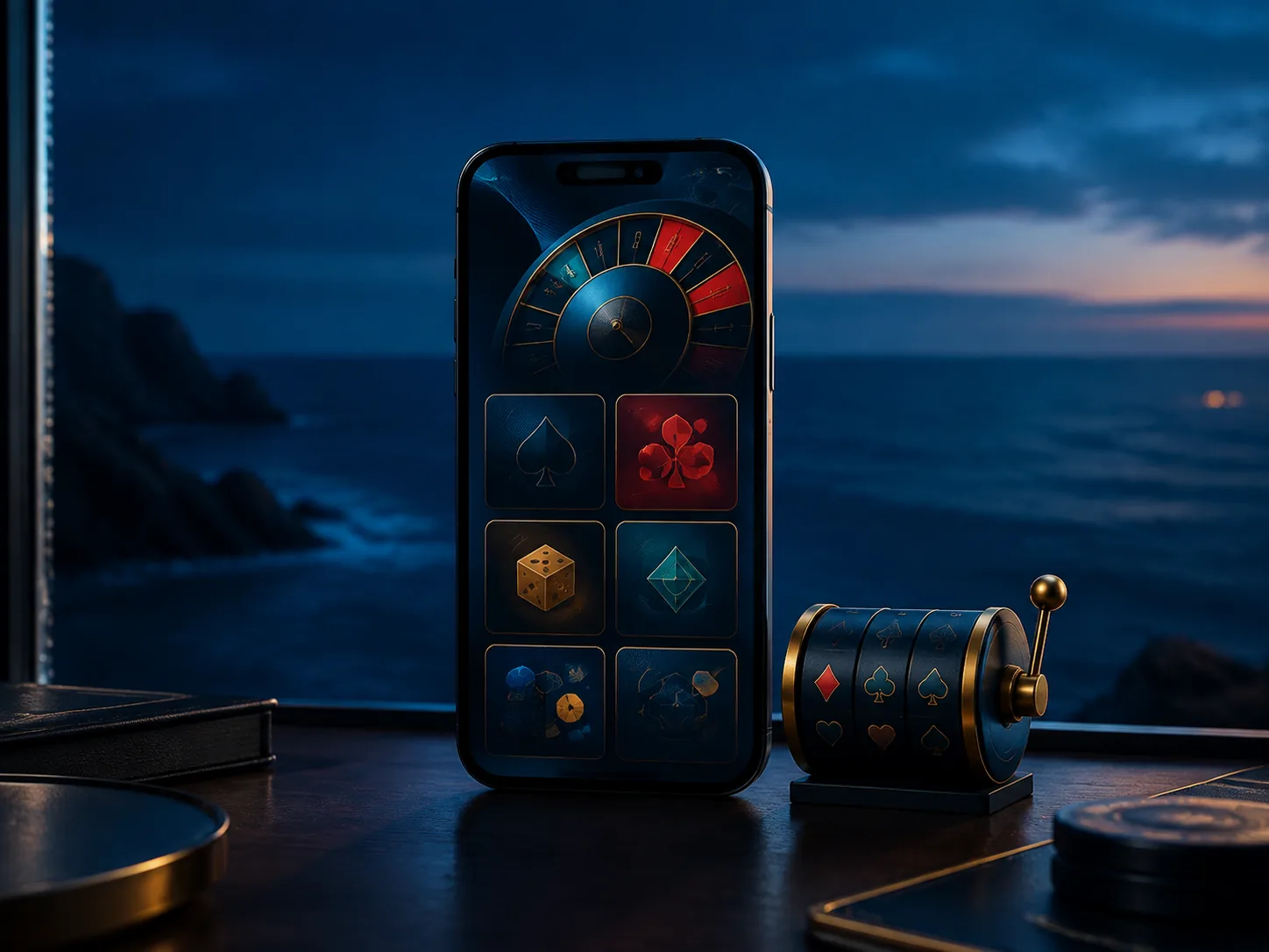 Ponsel yang menampilkan kategori kasino daring generik untuk evaluasi mobile