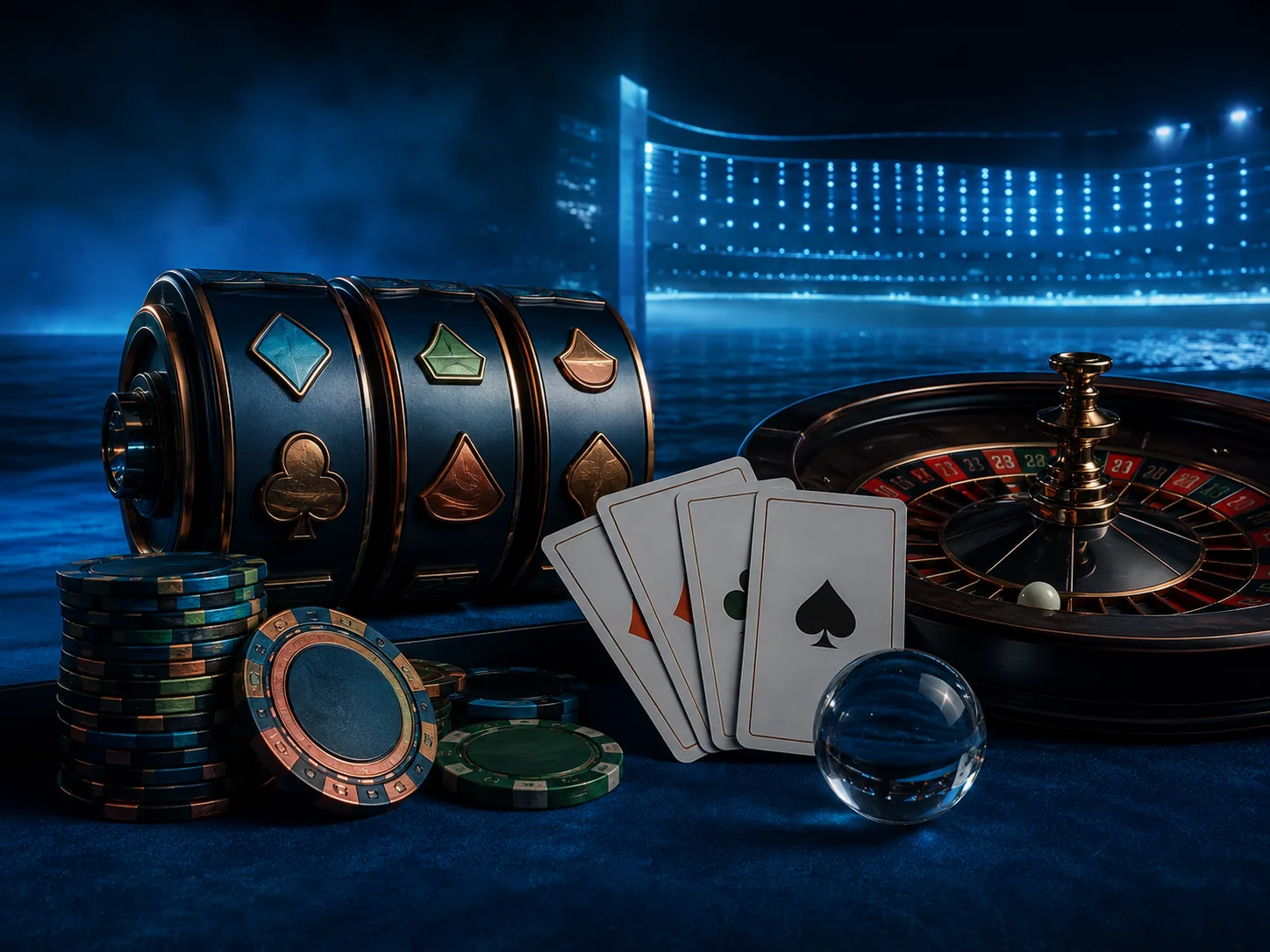 Komposisi kategori permainan kasino dengan slot, kartu, roulette, dan suasana olahraga